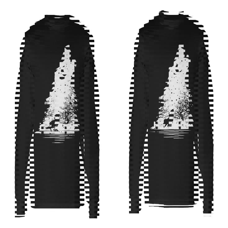 遠吠えするオオカミ 星空 オオカミモチーフ 男女兼用 長袖Tシャツ