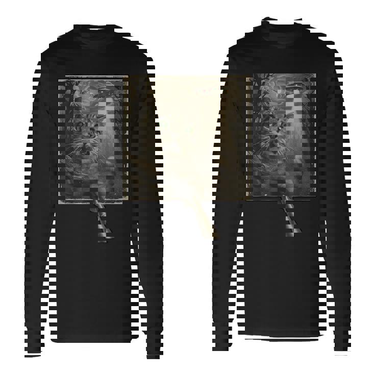 面白いsf自撮り猫とエイリアンビジターの不気味な瞬間。 長袖Tシャツ