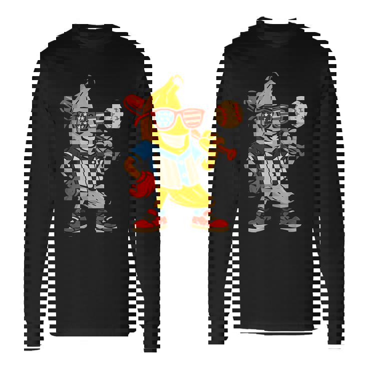 面白いバナナ野球アメリカ国旗サングラス 7月4日 長袖Tシャツ