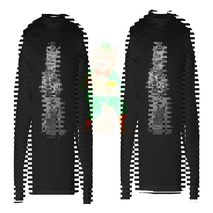 面白いレプラコーン猫、ハッピーセントパトリックデー 長袖Tシャツ