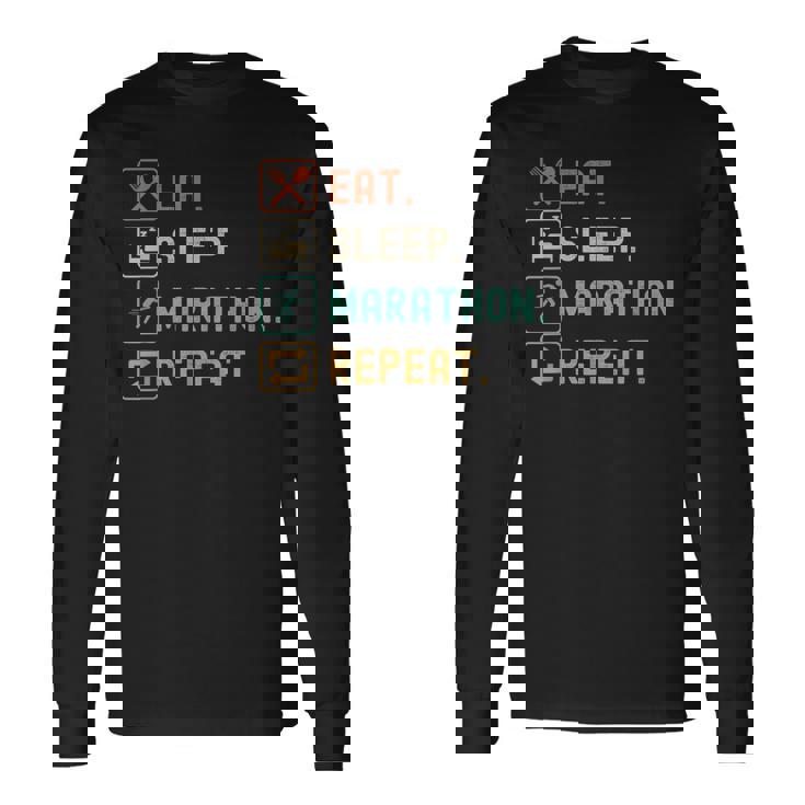 食べる睡眠マラソンリピート面白いマラソンランナー 長袖Tシャツ