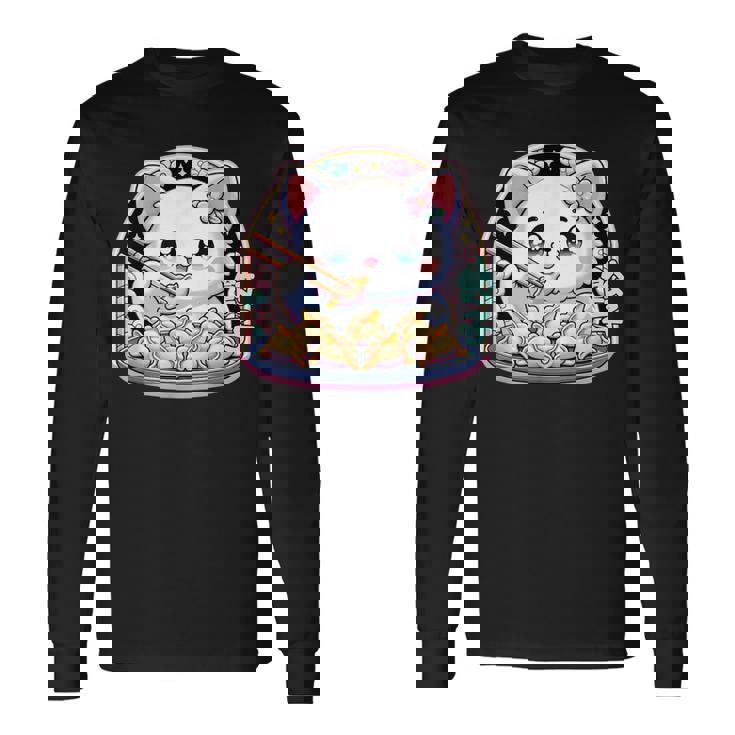 餃子、餃子を食べるカワイイ猫、餃子 長袖Tシャツ