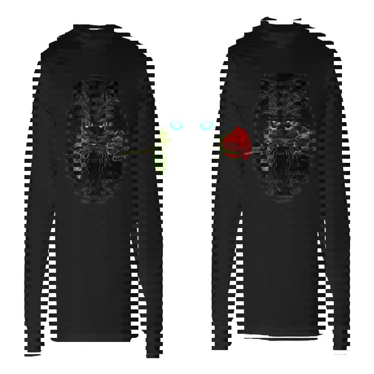 黒ペルシャ猫 ねこ 薔薇 バラ バレンタイン 長袖Tシャツ