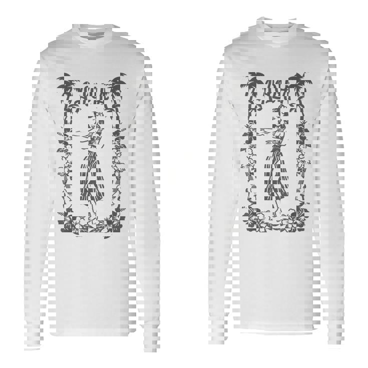 Aloha ハワイ ダンサー ヤシの木 ハイビスカス ウクレレ ルアウ ラインアート 長袖Tシャツ