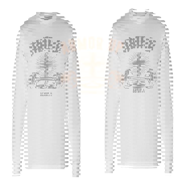 Men Armor Up Christian Workout Gym Camo Jesus Cross Dumbbell Long Sleeve T-Shirt