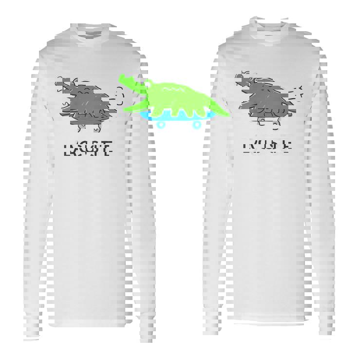 【バックプリント・背中側】楽して行こうワニ（Lacusite）スケボー【変なデザイン屋さん】ブランド パロディ 面白い 長袖Tシャツ