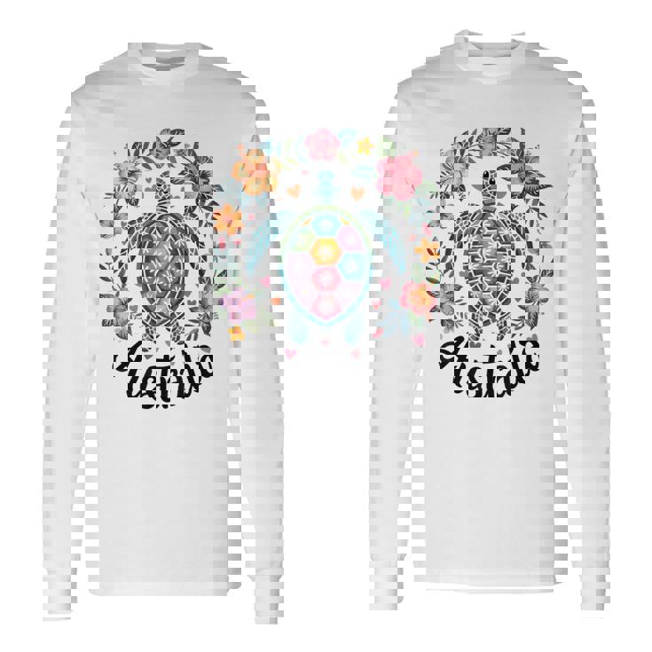 かわいいウミガメオーストラリア、楽しいトロピカルフラワーとハート 長袖Tシャツ