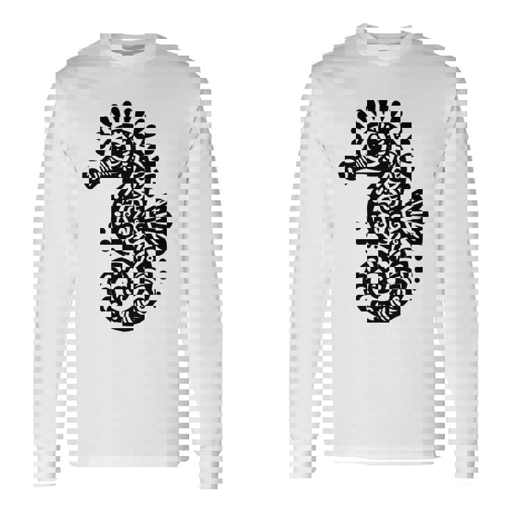 かわいいタツノオトシゴ ポリネシア トライバル マオリ柄 タツノオトシゴ 長袖tシャツ 長袖Tシャツ