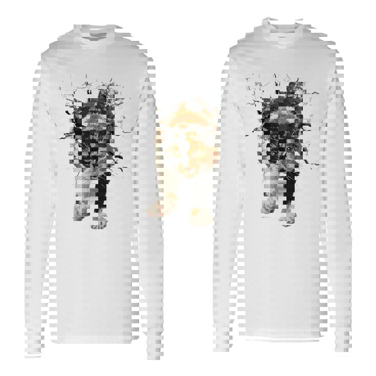 その壁を打ち破れ 三毛猫 福猫 面白 長袖Tシャツ