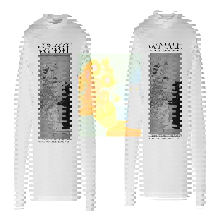 ひまわりと黒猫のヴィンテージアート 猫好き 猫飼い 猫 ネコ ねこくろねこ好き 面白い 長袖Tシャツ