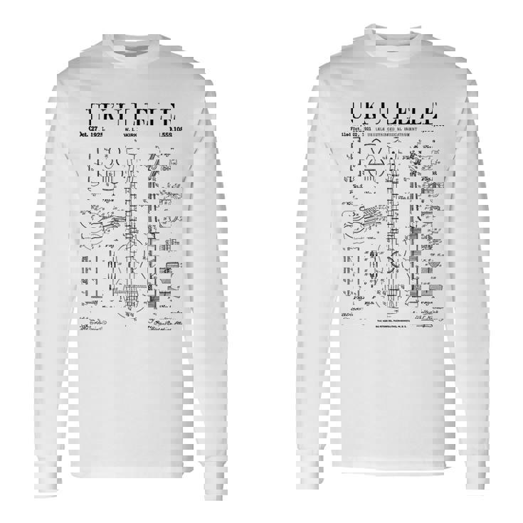 ウクレレ楽器 ウケ ヴィンテージ 特許 図面 プリント 長袖Tシャツ ギフトのアイデア