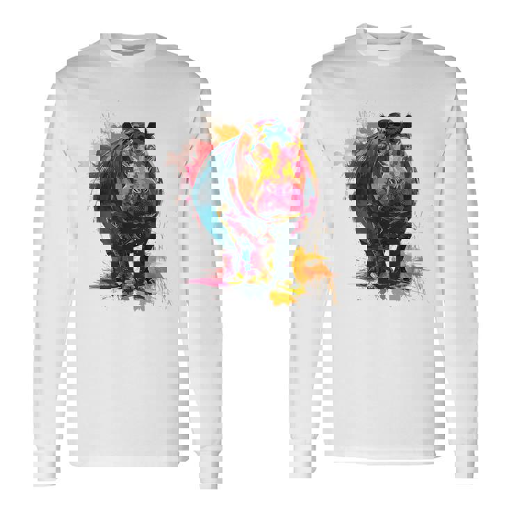 カバ 動物 カラフル グラフィック 抽象 アート 絵画 カバ 長袖Tシャツ