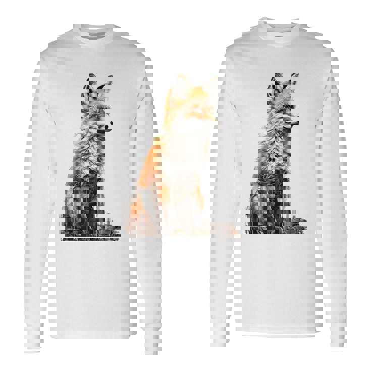 キツネ アニマル柄 モチーフ 抽象 イラスト 描画 狐 長袖Tシャツ