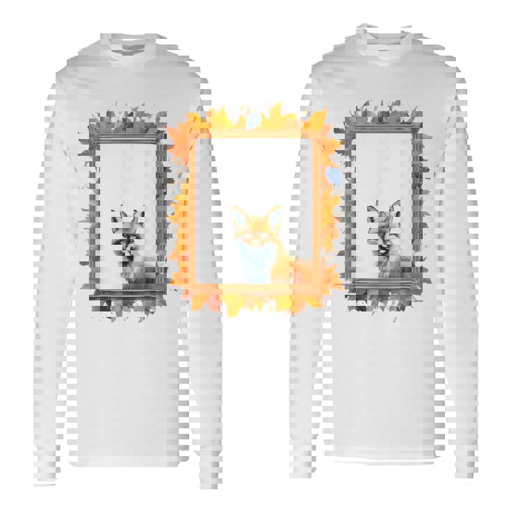 キツネ アニマル柄 モチーフ 紅葉 イラスト 自然 狐 長袖Tシャツ