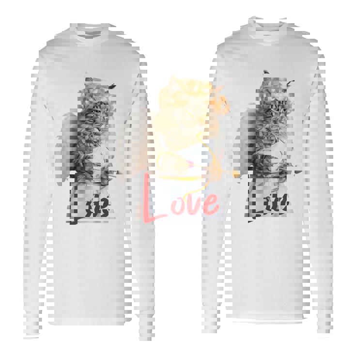 キューピッドコスチュームを着た面白い猫、聖バレンタインの猫の自撮り。 長袖Tシャツ