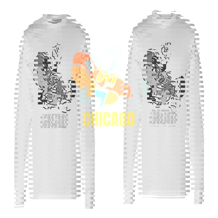 シカゴホットドッグ ストリートフード ホットドッグ マスタード付き 長袖Tシャツ