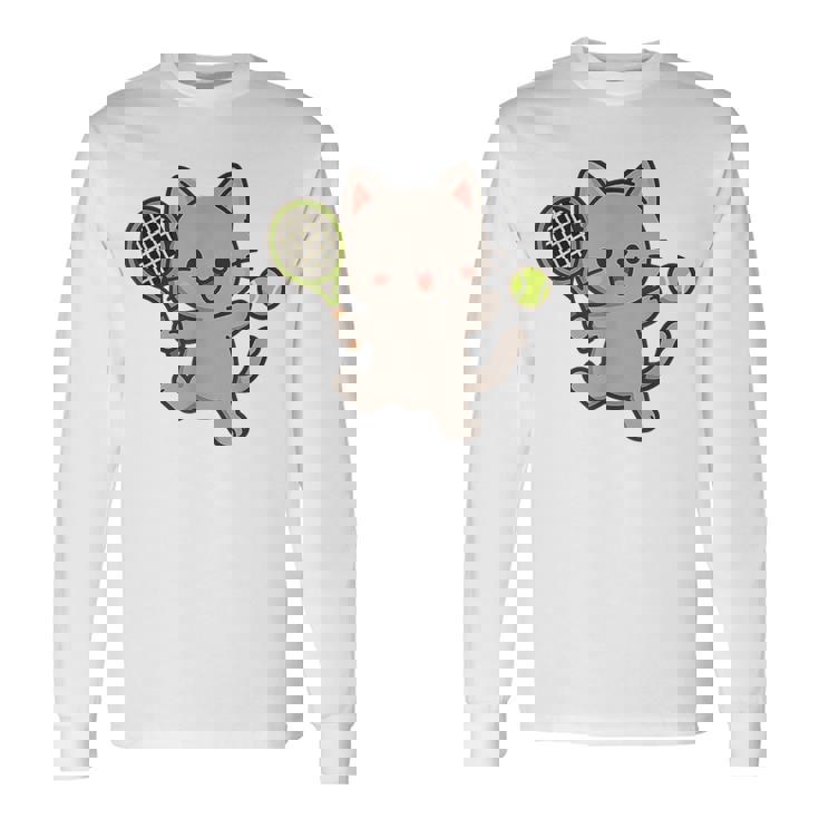 テニスをする猫。かわいいスポーツ猫。 長袖Tシャツ