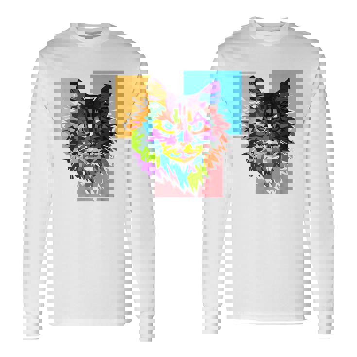 ペイントされた猫の顔 カラフル レインボー アートデザイン ギフトに最適 長袖Tシャツ ギフトのアイデア