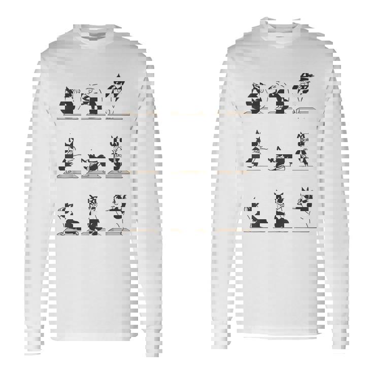 ボストンテリア ヨガ アサナ ポーズ 瞑想 おもしろtシャツ 長袖Tシャツ