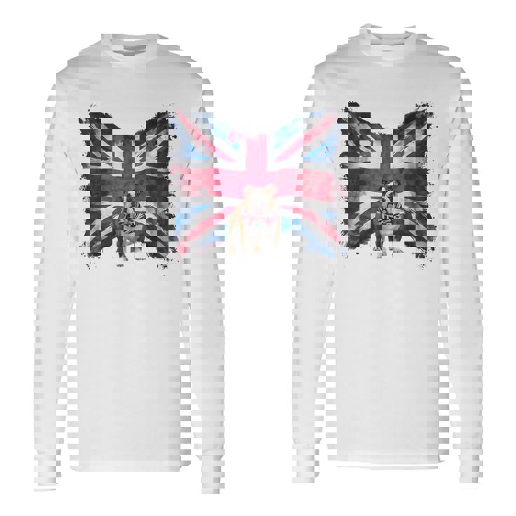 ユニオンジャックバンダナをかぶったブリティッシュブルドッグ、かわいい英国国旗。 長袖Tシャツ