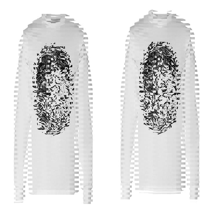 天の陰陽狐 太陽と月 ボーホーウッドランドアート 長袖Tシャツ