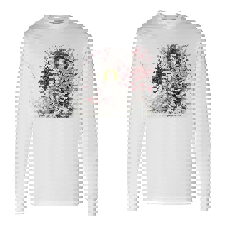 日本 浮世絵 観音菩薩 竜 桜 波 バックプリント 長袖tシャツ 長袖Tシャツ