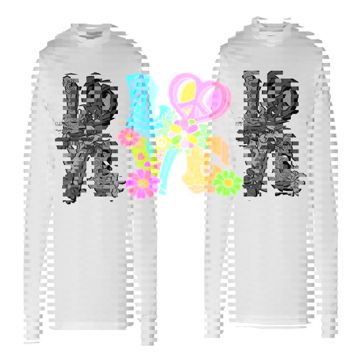 明るくカラフルな愛と平和 ピースサイン フラワートップ 長袖Tシャツ