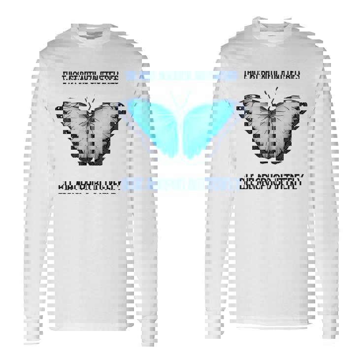 最も美しい蝶青いモルフォバタフライ 長袖Tシャツ