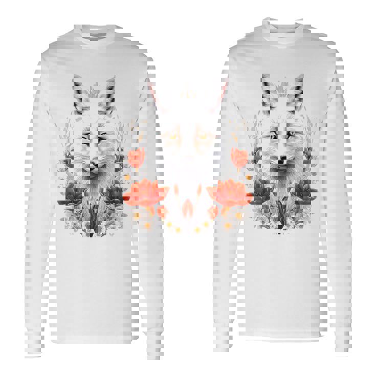 狐 アニマル柄 モチーフ 図面 イラスト 自然 狐 長袖Tシャツ