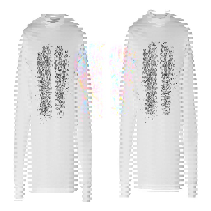 足解剖学 水彩 骨格 足 筋肉 長袖Tシャツ