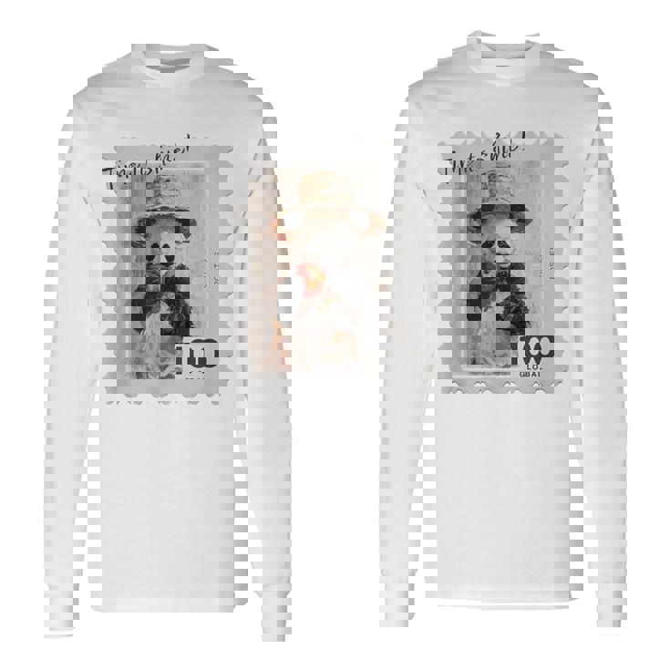 麦わら帽子 りんご パンダ 小さなパンダ 切手風 長袖Tシャツ