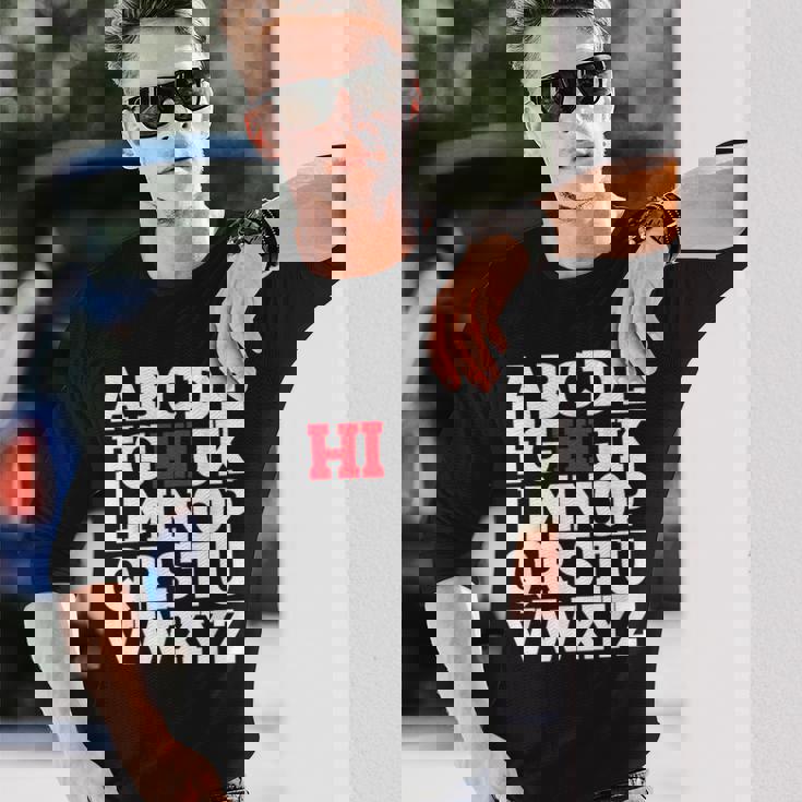 Abcのhiおかしいこんにちはアルファベット学生教師グリーティング 長袖Tシャツ 彼への贈り物