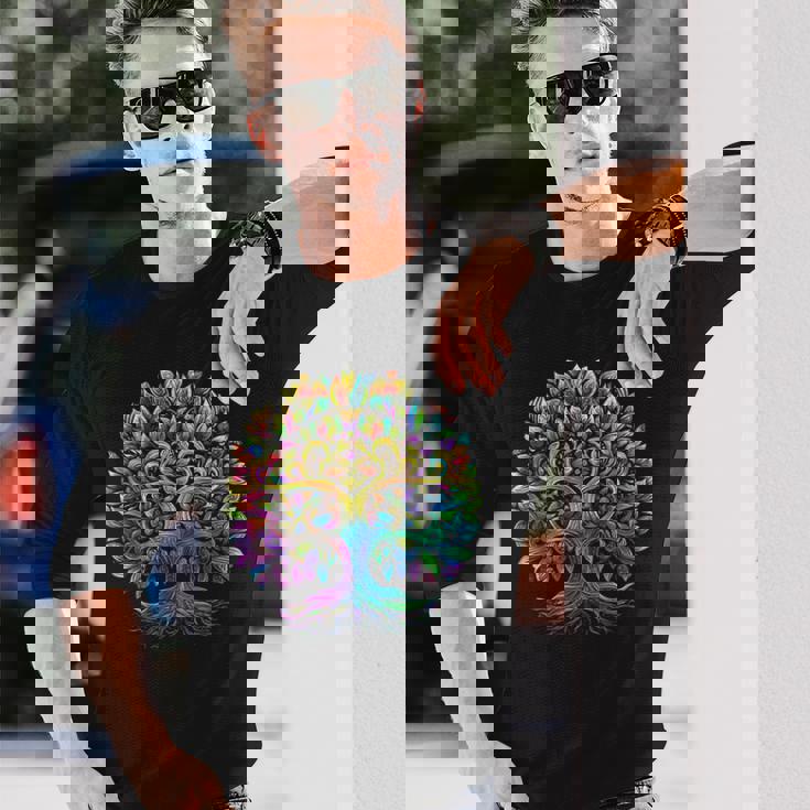 Full Foliage Tree Of Life 葉がいっぱいのレインボー生命の木 長袖Tシャツ 彼への贈り物