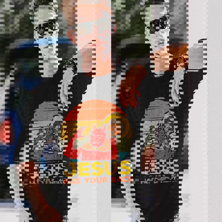 Jesus Has Your Back Jiu Jitsu レトロ クリスチャン メンズ レディース キッズ 長袖Tシャツ 彼への贈り物