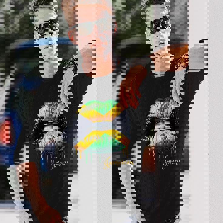 Lips Jamaican Flag Jamaica Love Travelacation 長袖Tシャツ 彼への贈り物