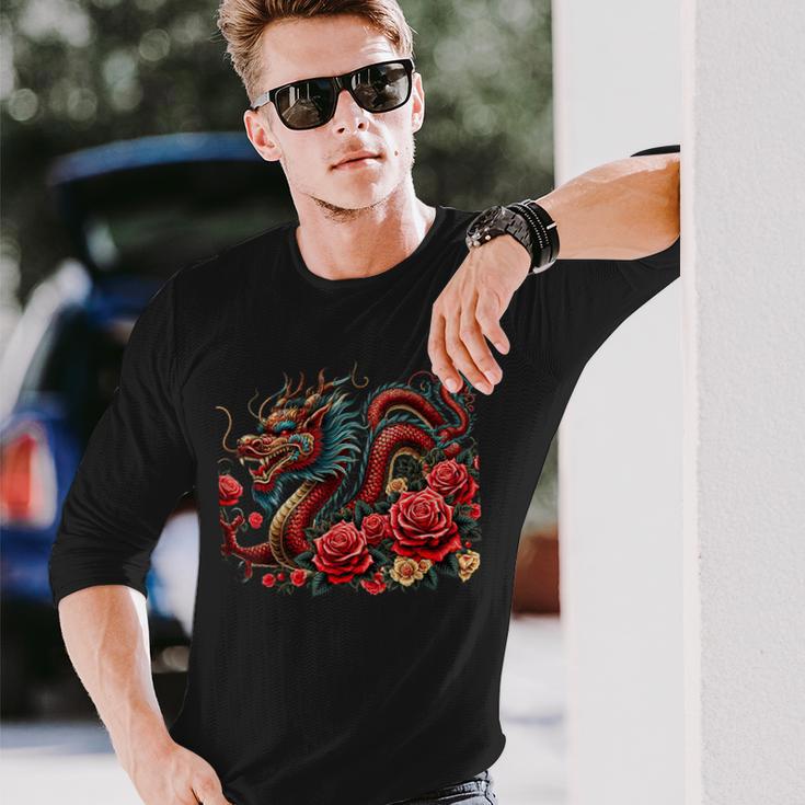 Masque D'anime Japonais Kitsune Dragon Chinois Avec Rose T-shirt à manches longues Cadeaux pour lui
