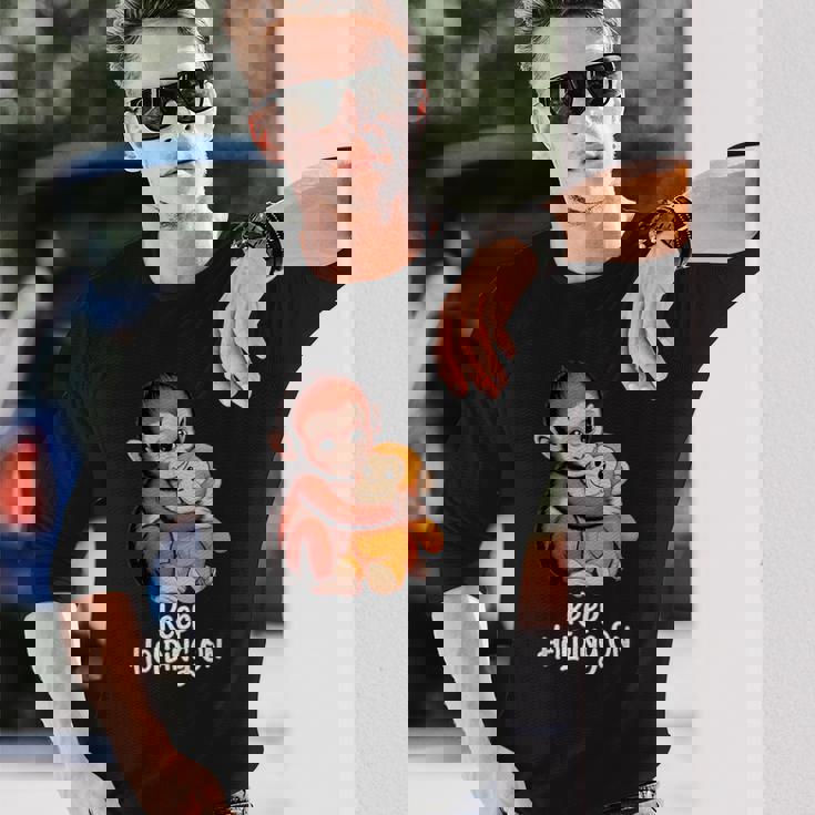 Punch Keep Holding On Cute Baby Monkey グラフィック 長袖Tシャツ 彼への贈り物