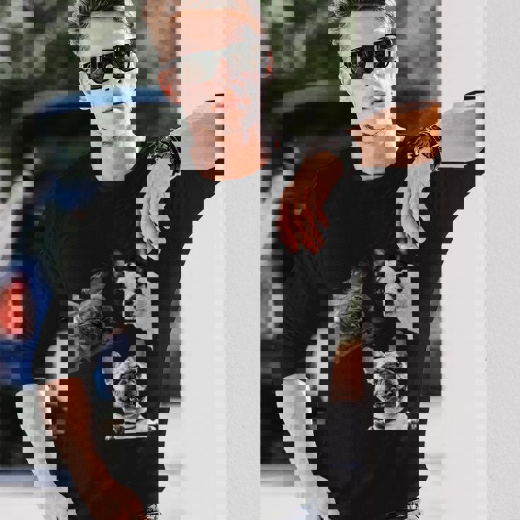 Sneaky フレンチブルドッグ ドッグ ドッグ フレンチ ポッキング ヘッド フェイス 長袖tシャツ 長袖Tシャツ 彼への贈り物