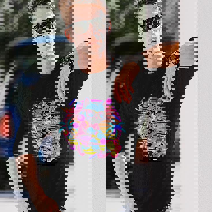 Vaporwave 猫 ピックルボール プレーヤー 80年代 レトロ 美学 長袖Tシャツ 彼への贈り物