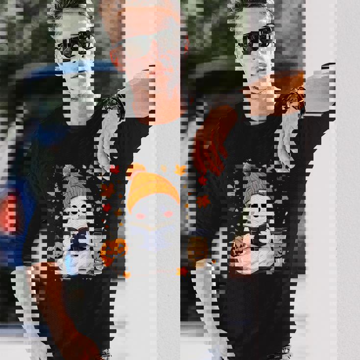 おばけ読書本 紅葉 ハロウィン ゴーストコーヒー 長袖Tシャツ 彼への贈り物