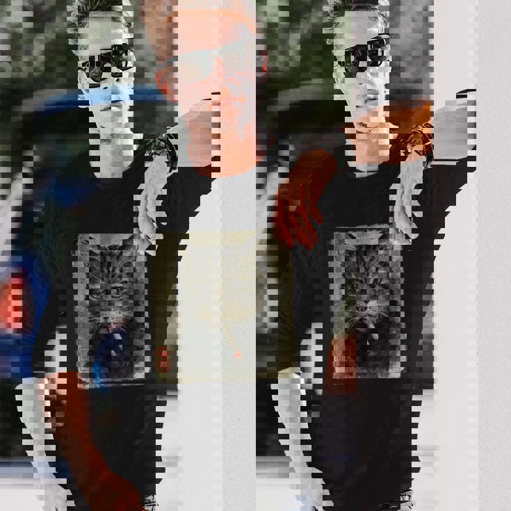 おもしろい 悲しい猫 喫煙 タバコ ミーム 恋人 墨絵 日本語 長袖Tシャツ 彼への贈り物