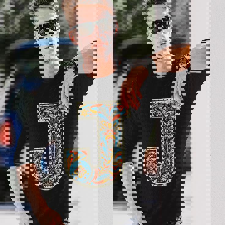 イニシャル 名前 文字 J アルファベット 民芸風 長袖Tシャツ 彼への贈り物