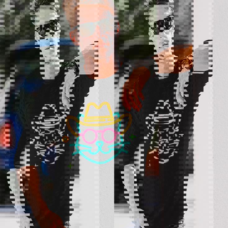 カウボーイ 猫 顔 ラウンド サングラス ウェスタン グラフィック ピンク アニマル 長袖Tシャツ 彼への贈り物