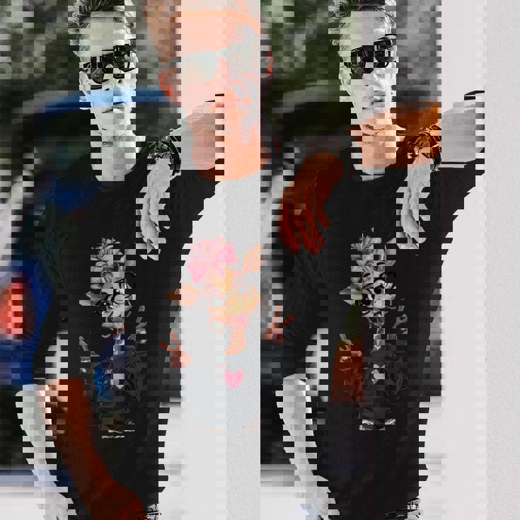 キリンガール ダブルピースサイン ピンク リボン ポップ グラフィック 遊び心のある 長袖tシャツ 長袖Tシャツ 彼への贈り物