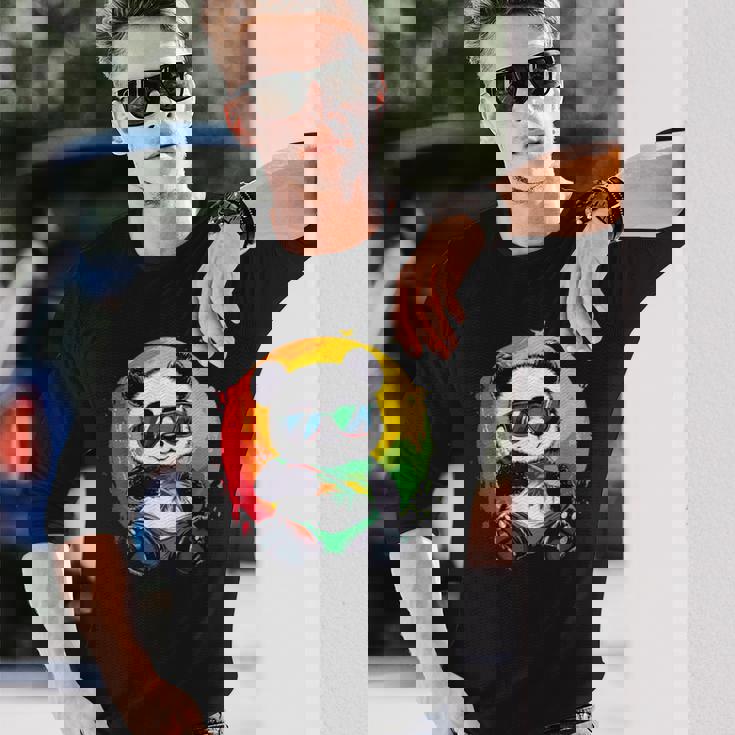 サングラス付きパンダ ラスタカラー 長袖Tシャツ 彼への贈り物