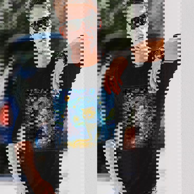 シュールレアリスム 星月夜 エキゾチック ショートヘア 猫 長袖Tシャツ 彼への贈り物