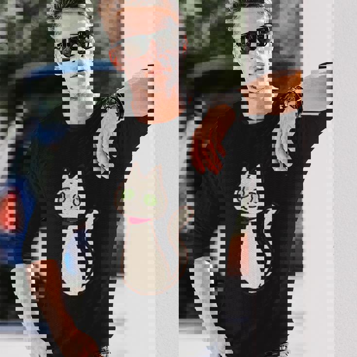 シロネコ 胸にワンポイント 落書き風 おもしろ 長袖Tシャツ 彼への贈り物