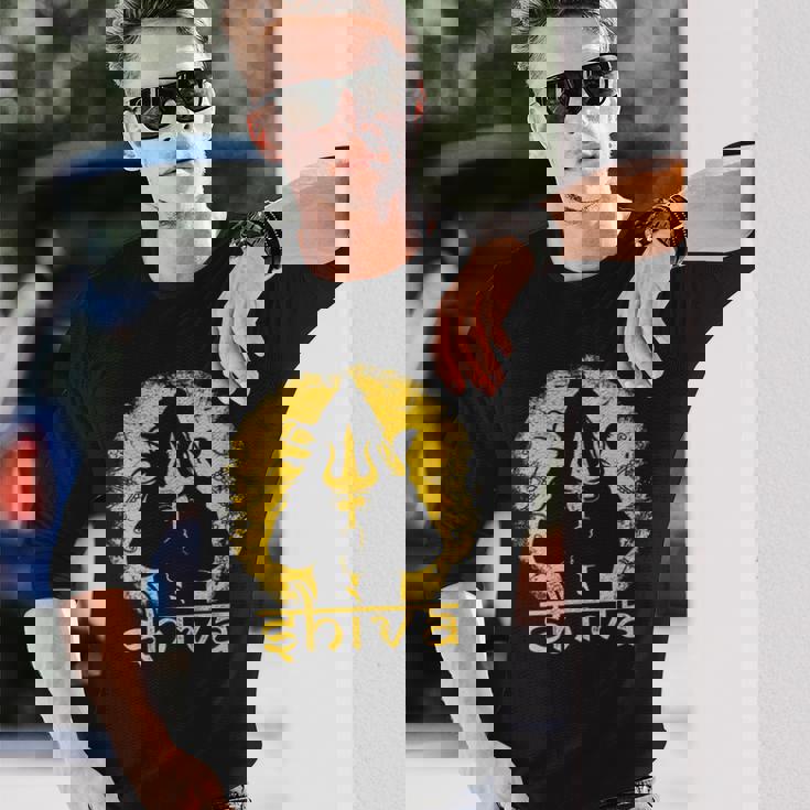 シヴァ 神聖なトライデントデザイン 男性用 ヒンズー教の神 シヴァ神 長袖Tシャツ 彼への贈り物