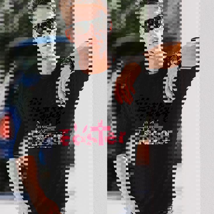 チェック柄ハッピーイースターバニー耳クロスかわいい宗教クリスチャン 長袖Tシャツ 彼への贈り物