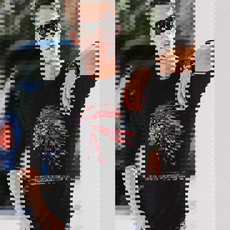 チペワ ネイティブアメリカン インディアン国旗 マネー ヘッドレス 長袖Tシャツ 彼への贈り物